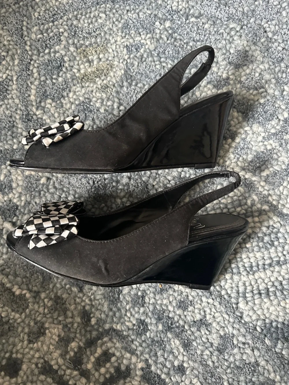 Impo Peep Toe Slingback Wedge Heels Black Checkered Bow Accent